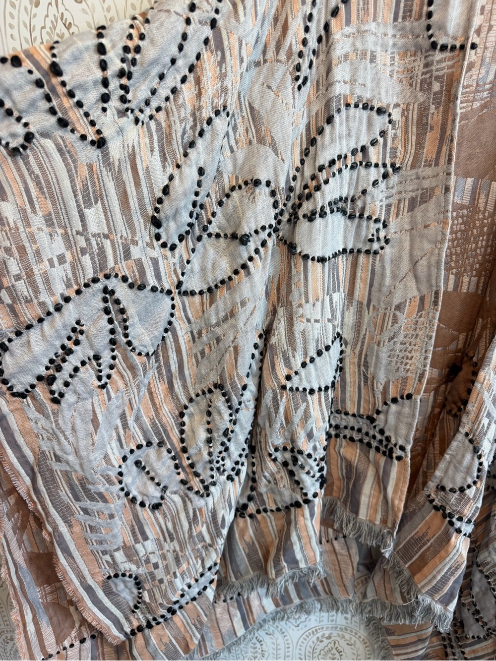 NWT World Market Duster/Kimono. Cotton / Viscose. Tan Light Blue Embroidered - Picture 3 of 8